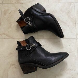 $350 A.S.98 Black Leather Distressed Buckle Block Heels Biker Ankle Boots 6.5/37